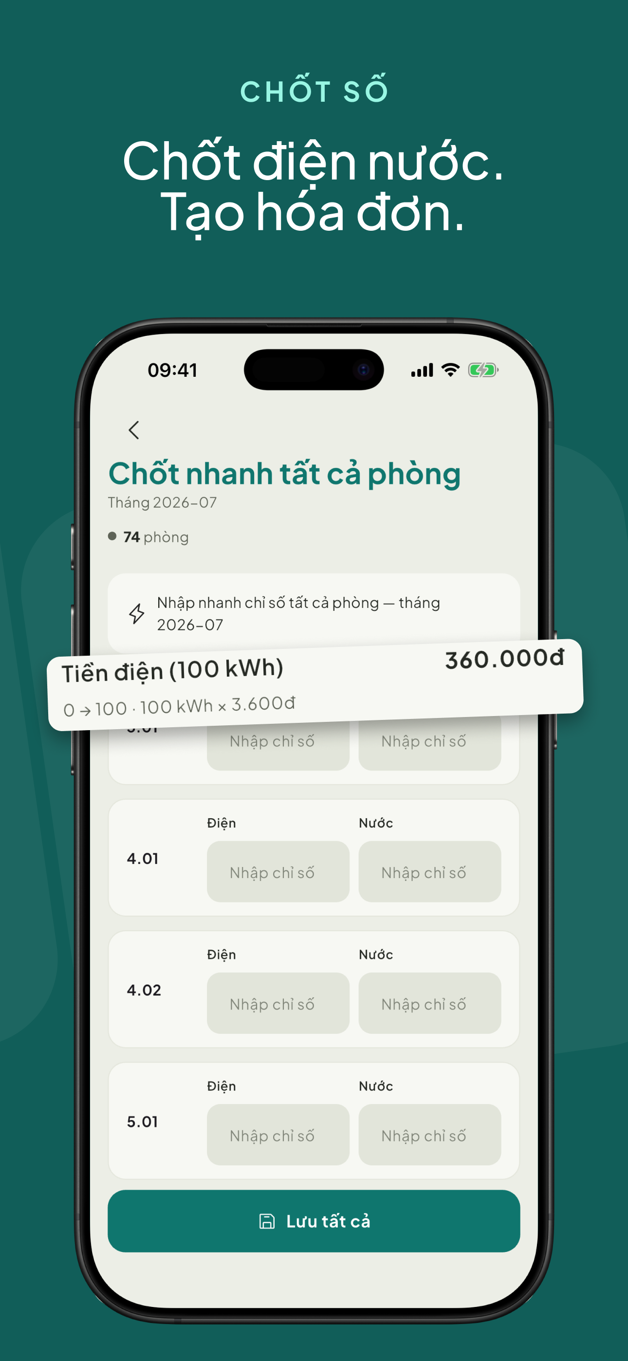 Màn hình Rento chốt nhanh chỉ số điện nước theo từng phòng